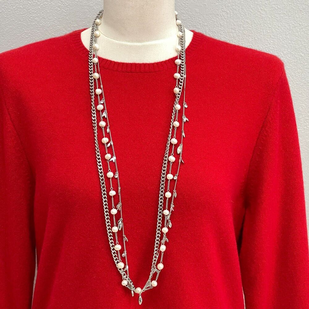 Monet Silver-tone Faux Pearls white Rhinestones Fashion Multi Chain Necklace